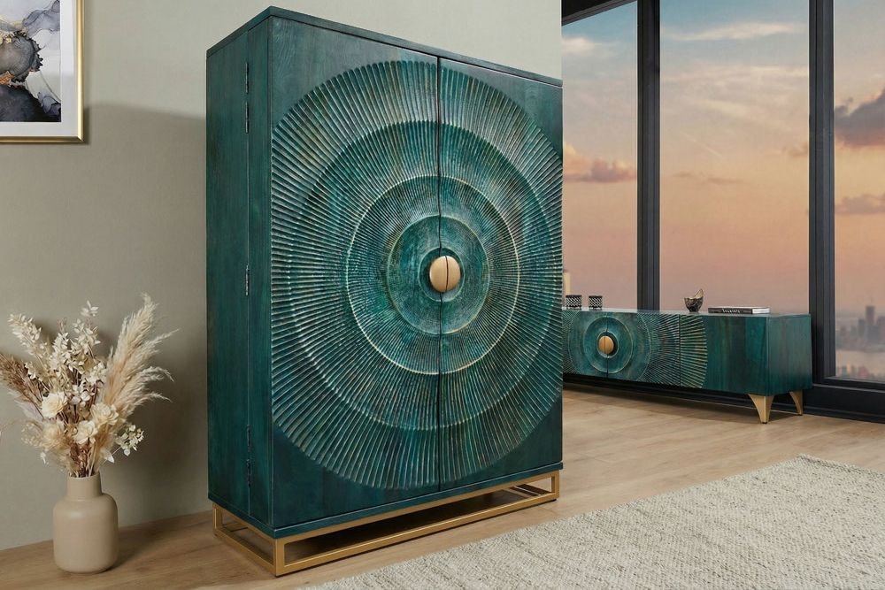 Handgearbeiteter Barschrank GOLDEN SUNSET 140cm türkis Mangoholz massiv