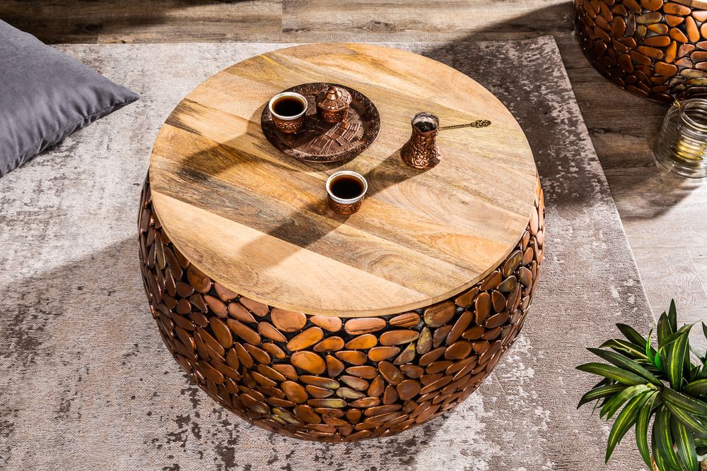 2er Set Runde Couchtische STONE MOSAIC 65cm kupfer Mangoholz Metall Mosaik Design handmade