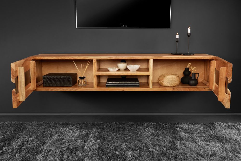 Hängendes TV-Lowboard AMAZONAS 160cm natur Akazie Massivholz Baumkante Metall schwarz