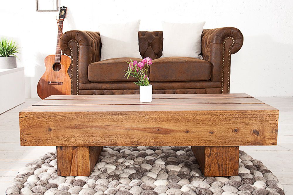 Massivholz Design Couchtisch BOLT 100cm braun Sheesham stone finish