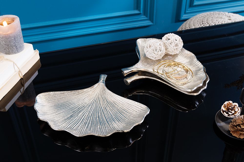 Dekoratives Schalen 3er Set GINKGO 30cm silber handmade Metall