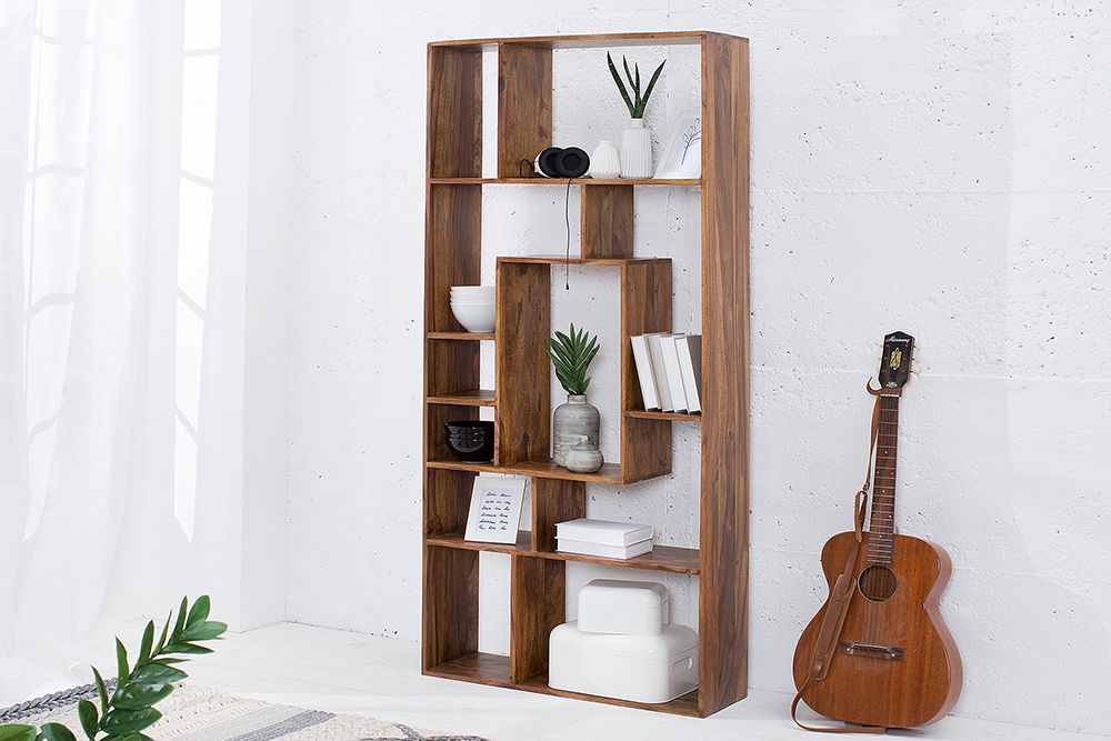 Massives Bücherregal CUBUS 180cm braun Sheesham stone finish einzigartige Maserung