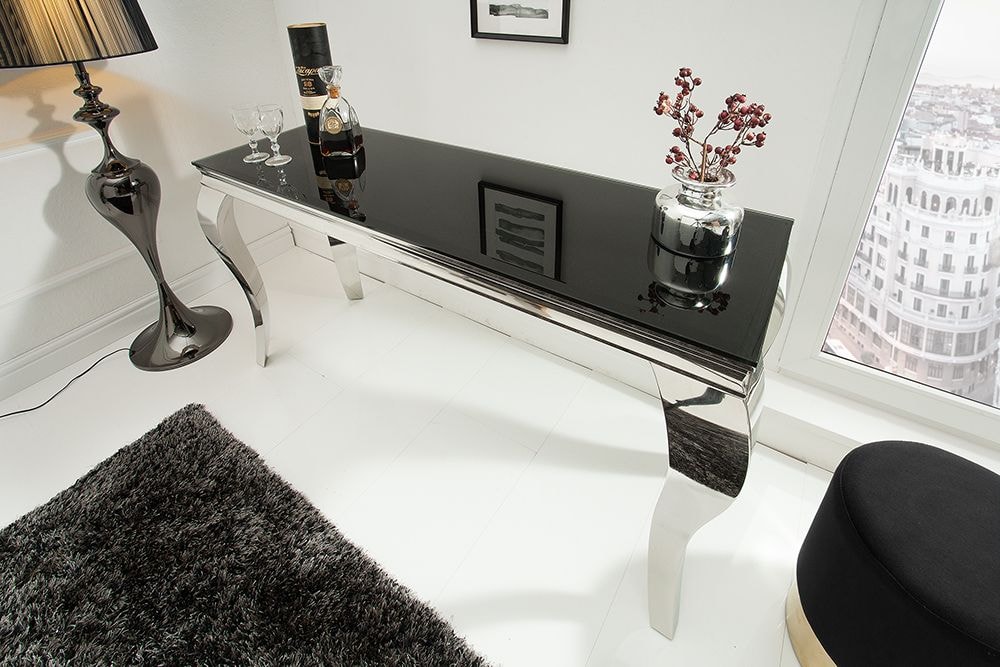 Eleganter Konsolentisch MODERN BAROCK 145cm schwarz Opalglas Edelstahlbeine