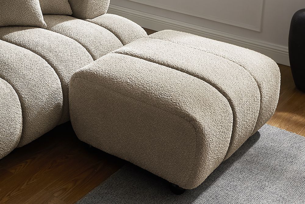 Moderner Hocker ADLON 100cm champagner greige Bouclé Federkern Fußhocker Sitzhocker
