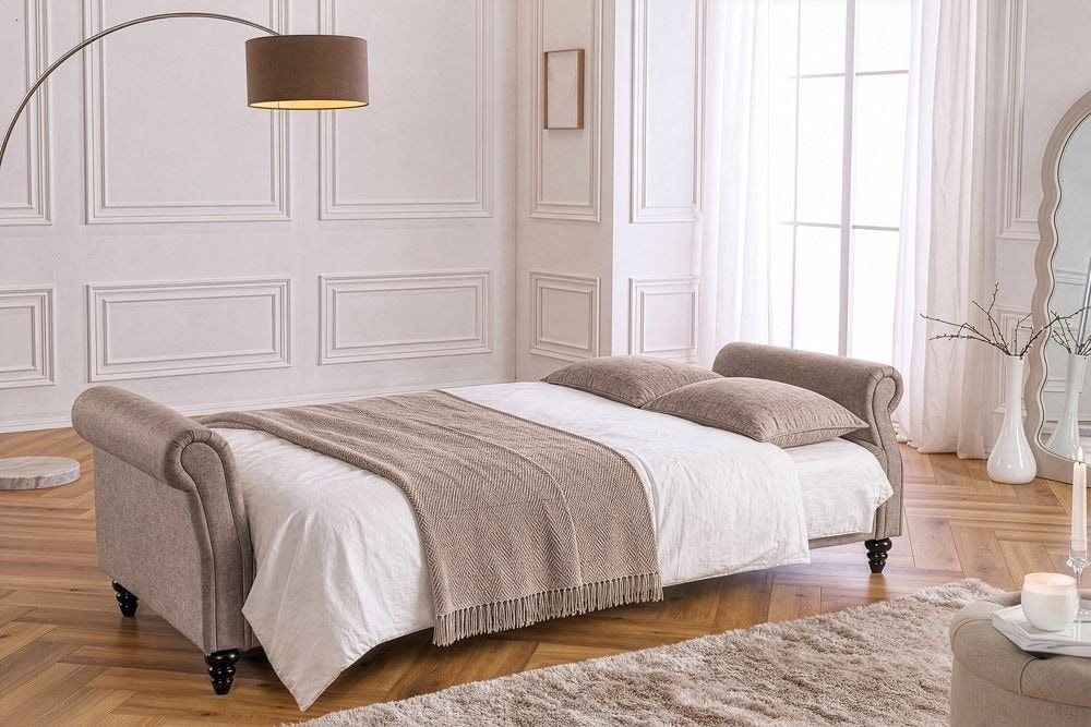 Schlafsofa MAISON BELLE AFFAIRE 220cm greige Vogue Seiden Samtstoff 3-Sitzer