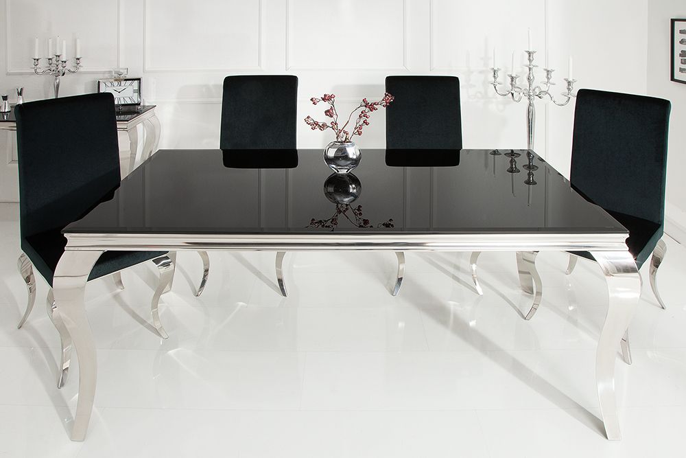 Eleganter Design Esstisch MODERN BAROCK 180cm schwarz Edelstahl Opalglas Tischplatte