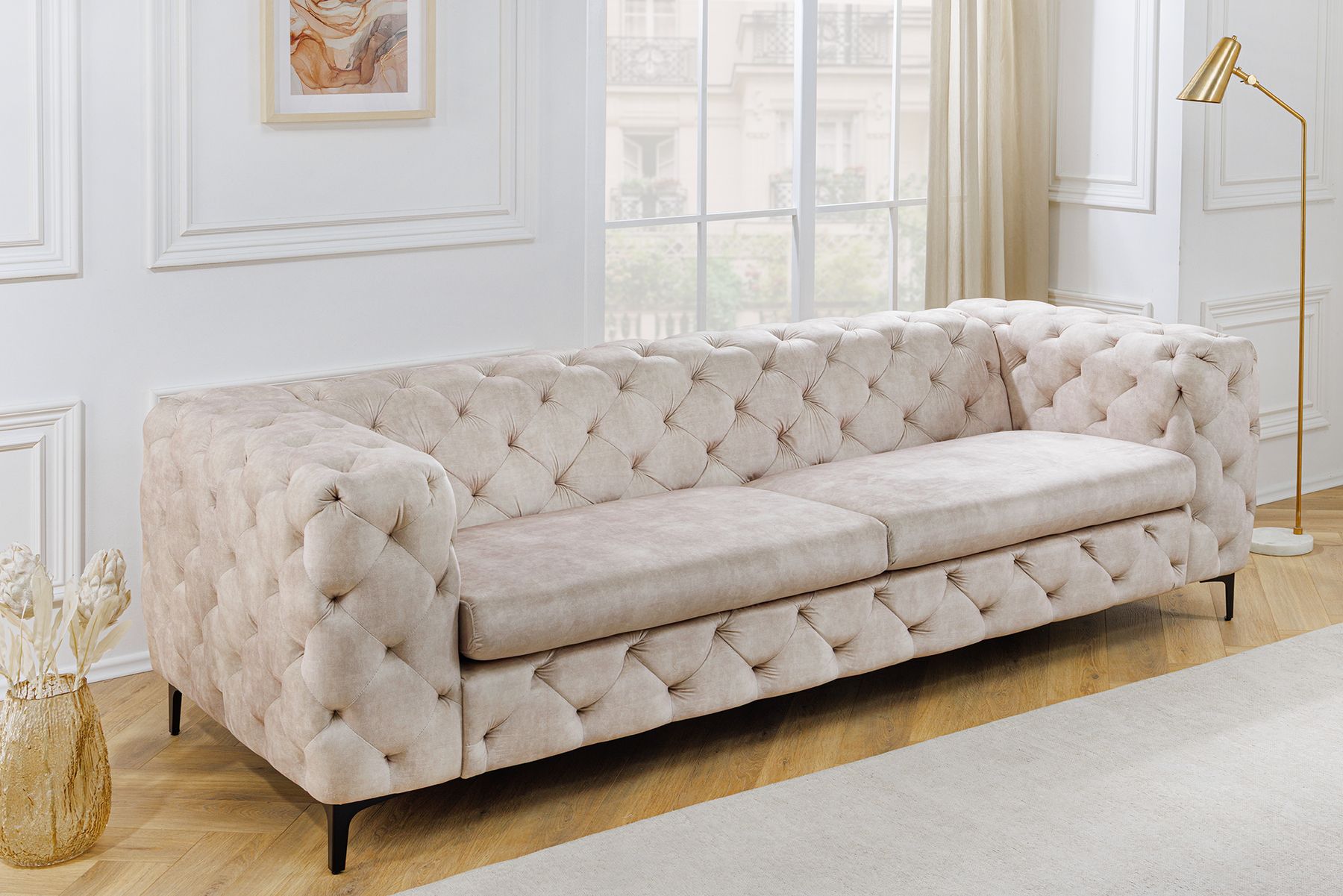 Chesterfield 3-Sitzer Sofa MODERN BAROCK 235cm champagner beige Samt Federkern