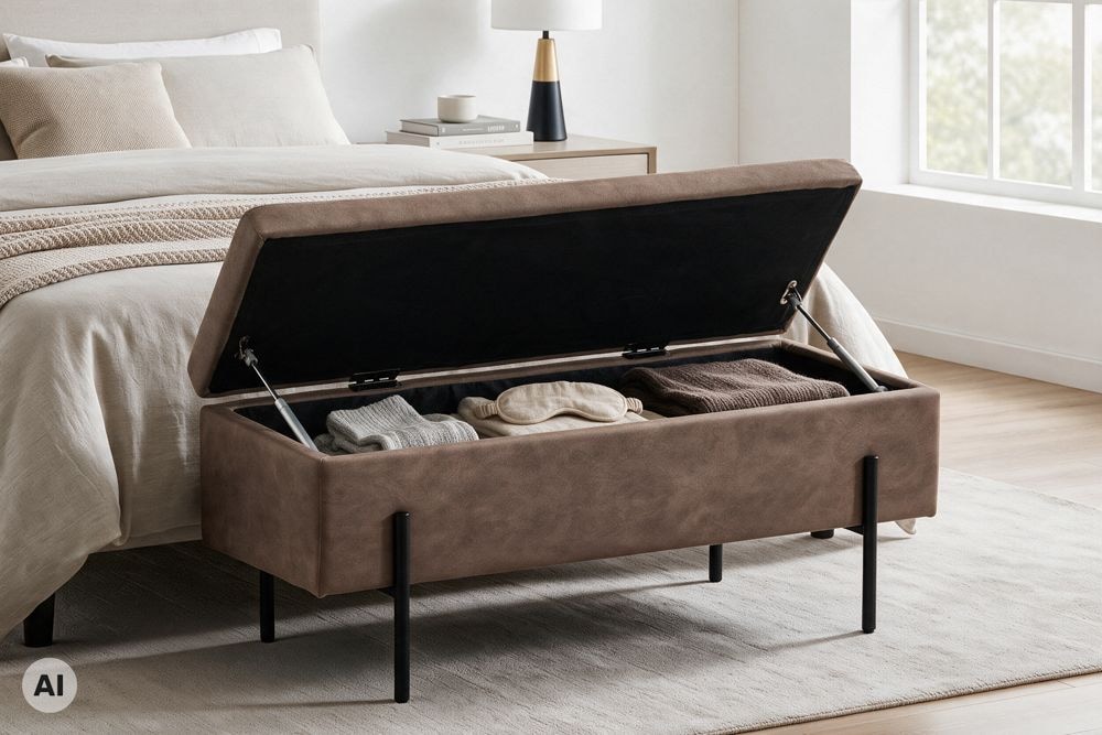 Truhenbank LOFT 100cm antik taupe Microfaser Sitzbank mit Stauraum Metall schwarz