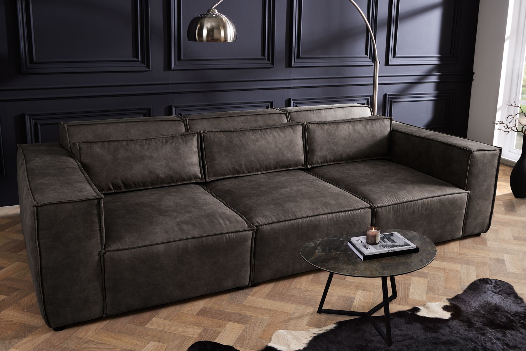 Design 3-Sitzer Sofa BOSSA NOVA 260cm antik dunkelgrau Microfaser Couch Wohnzimmer