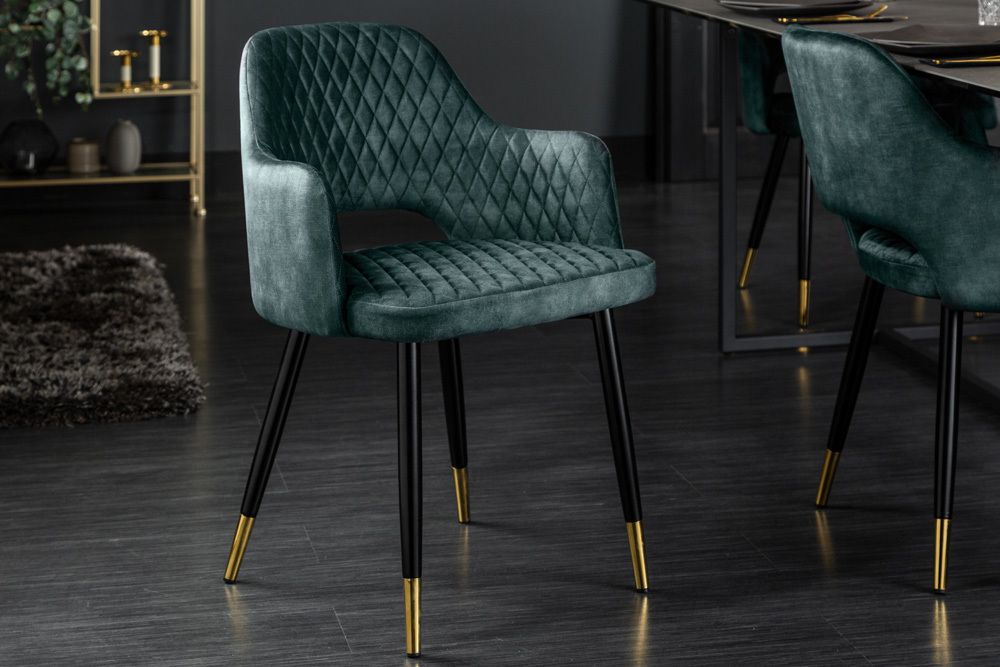 Eleganter Stuhl PARIS petrol Samt Ziersteppung Fußkappen gold Retro-Design mit Armlehnen