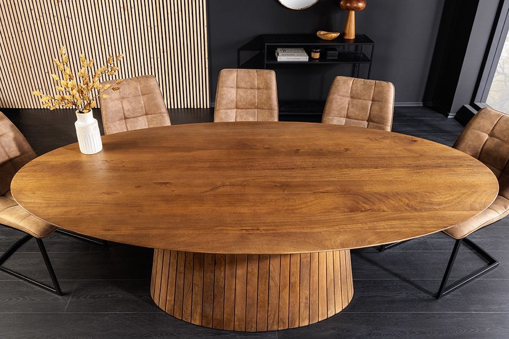 Ovaler Esstisch ART DECO 220cm braun smoked massives Mangoholz mit Säulenfuß