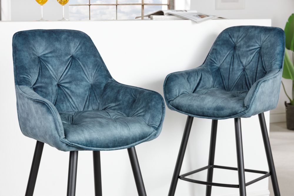 Design Barhocker MILANO petrol Samt Barstuhl mit Lehne Metall schwarz