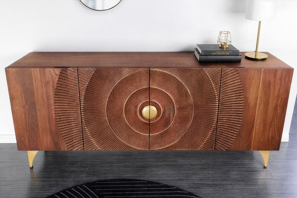 Handgearbeitetes Sideboard GOLDEN SUNSET 180cm braun mit 3D Schnitzereien gold Mangoholz Metallbeine