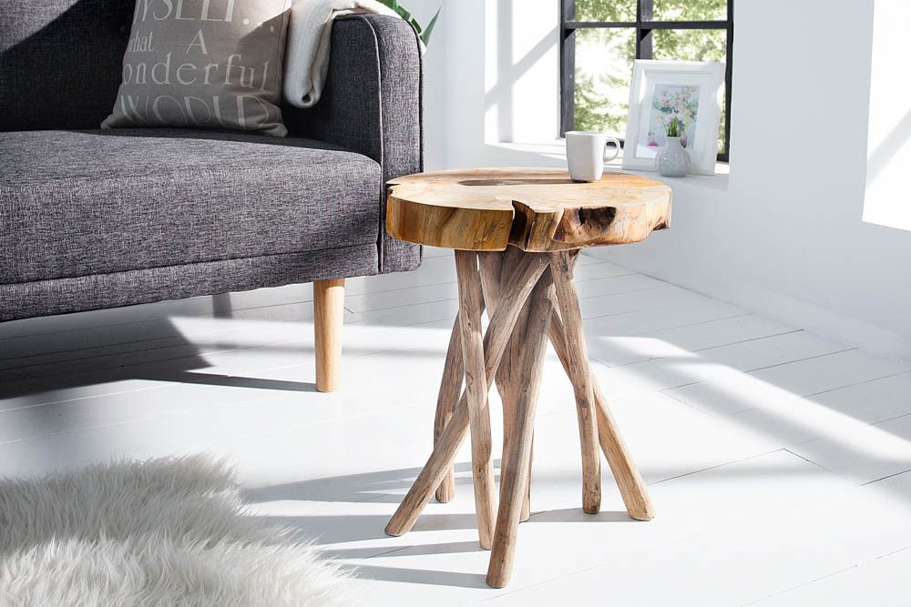 Exklusiver Beistelltisch ROOT 30cm natur Teak Massivholz Hocker Wurzelholz rund