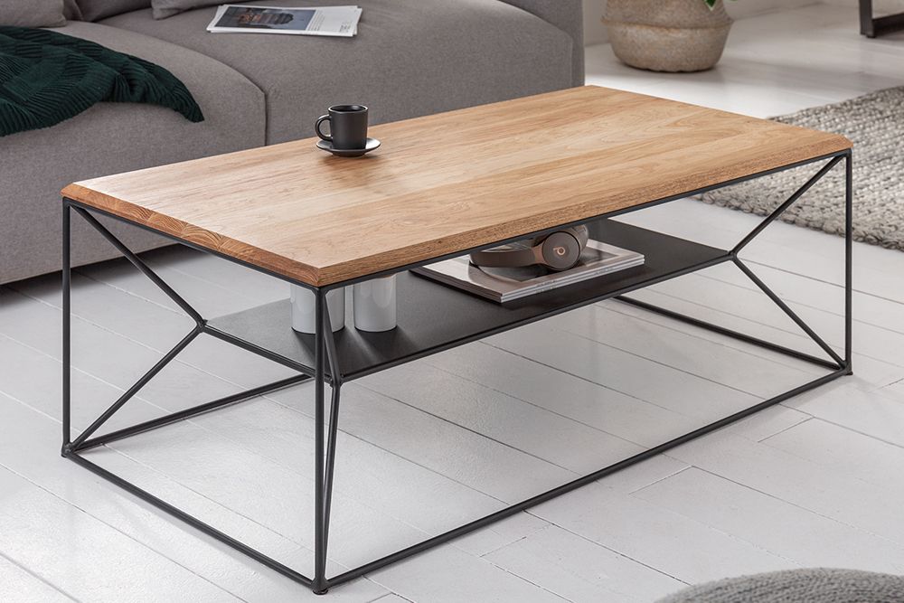 Massivholz Couchtisch ARCHITECTURE 110cm Eiche geölt schwarzes Metallgestell mit Ablage