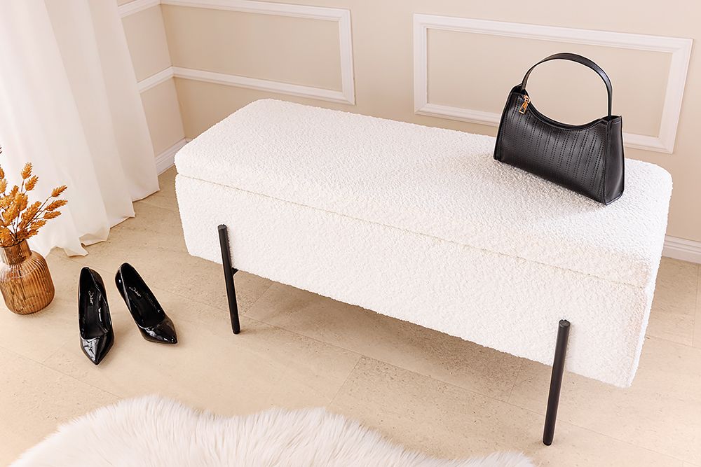 Moderne Truhenbank LOFT 100cm weiß Bouclé Sitzbank mit Stauraum gepolstert schwarz Metall