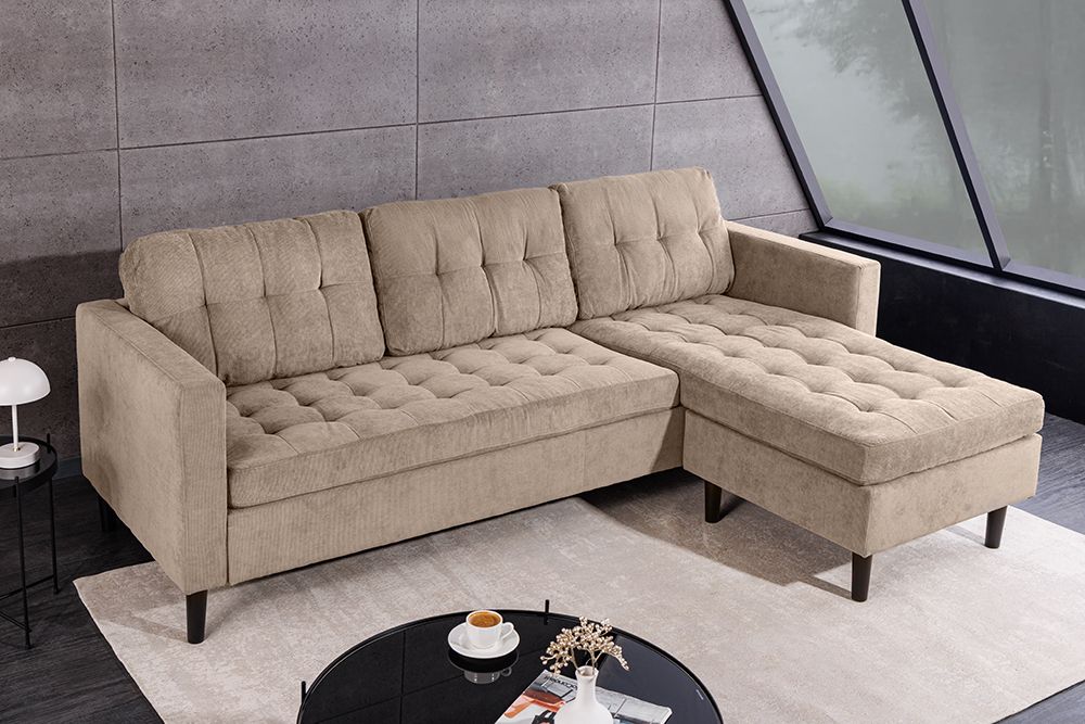 Retro Ecksofa STOCKHOLM 220cm taupe Cord Federkern 3-Sitzer