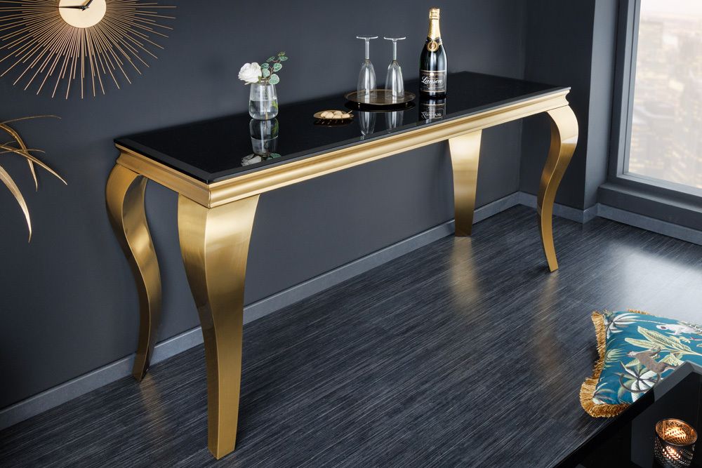 Eleganter Konsolentisch MODERN BAROCK 145cm schwarz gold Opalglas Edelstahlbeine