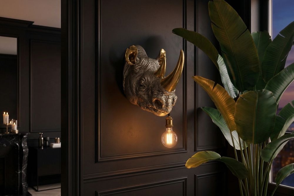 Moderne Wandlampe RHINO 40cm gold Nashorn-Skulptur handmade