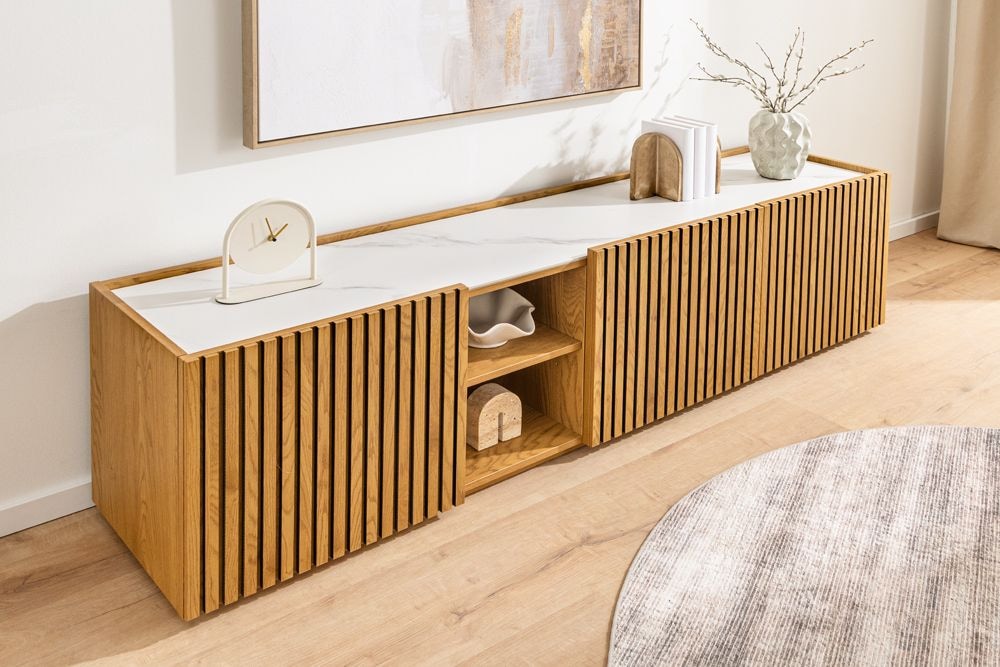 Design Lowboard VICENZA 180cm weiß Keramik natur Eiche Lamellenfront