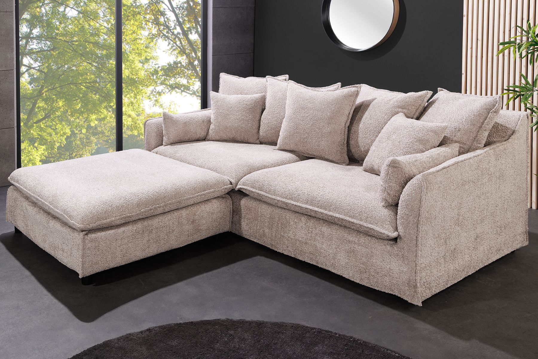Großer Hocker HEAVEN 100cm champagner beige Bouclé Polsterhocker Federkern