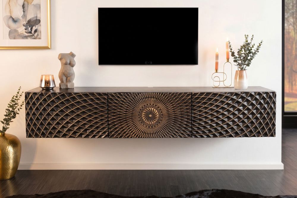Hängendes TV-Board ILLUSION 160cm schwarz Mangoholz Massivholz mit 3D Schnitzereien gold