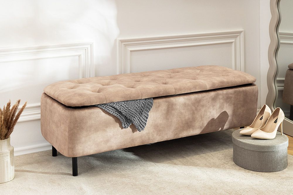 Extravagante Polsterbank EN VOGUE 120cm beige Samt mit Stauraum schwarze Metallbeine
