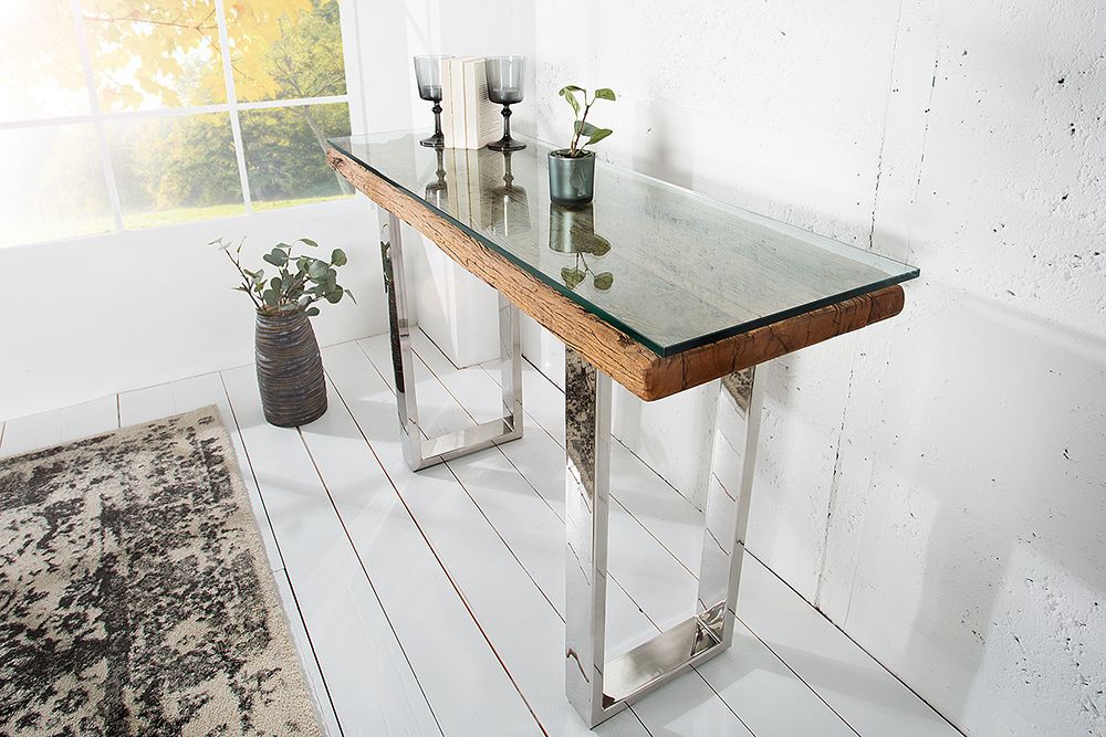 Massive Konsole BARRACUDA 120cm Teak mit Stahl Kufenfüßen inkl. Glasplatte
