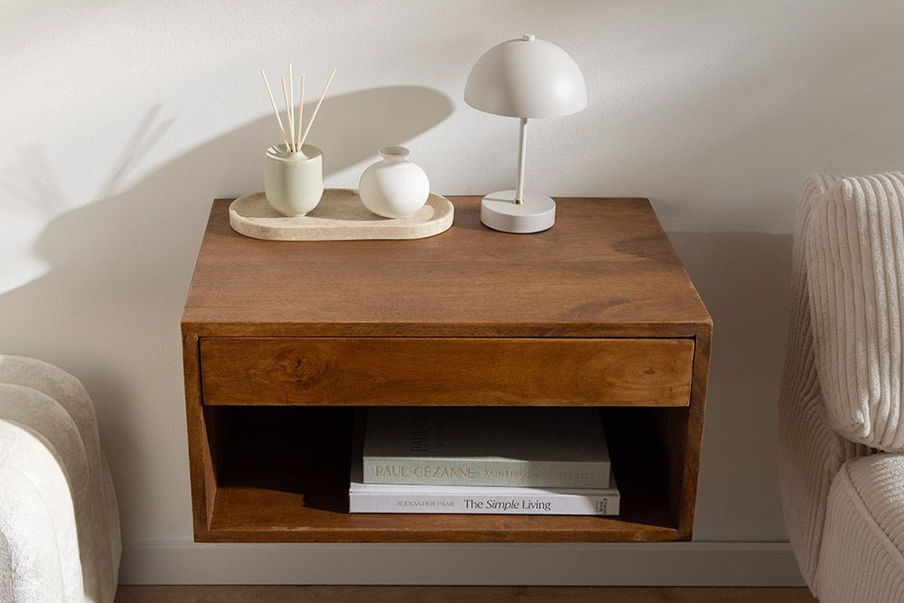 Hängender Nachttisch PURE 50cm braun Mangoholz honey finish Wandregal Schublade