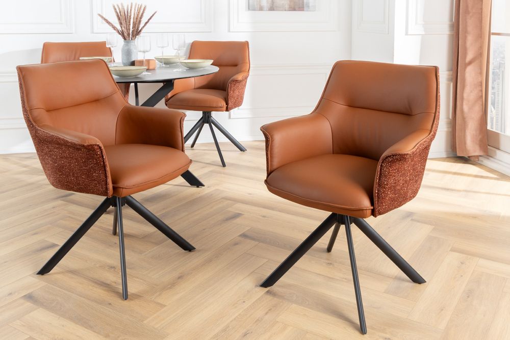 Drehbarer Stuhl LE GRAND cognac Echtleder Strukturstoff schwarzes Metallgestell