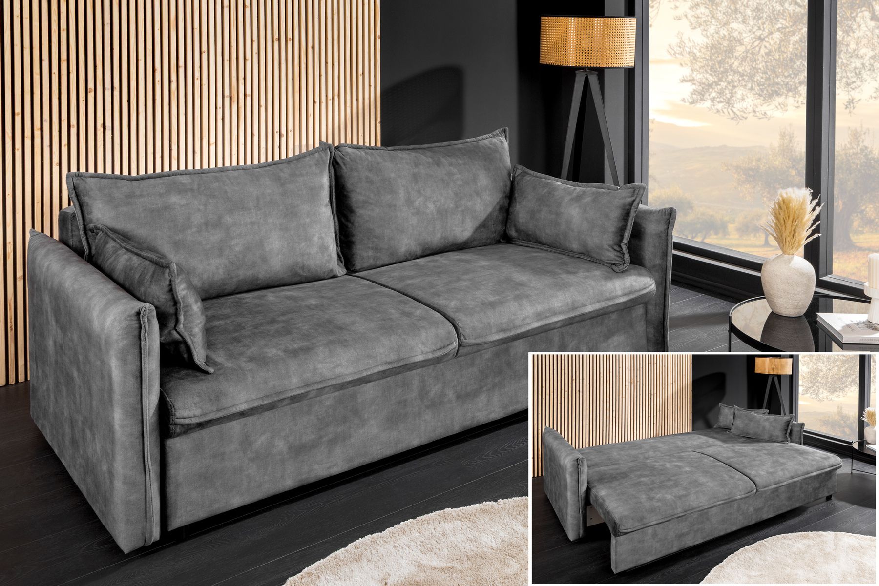 XXL Sofa mit Schlaffunktion APARTMENT grau Samt inkl. Bettkasten und Kissen
