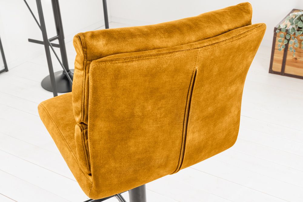 Höhenverstellbarer Barhocker COMFORT senfgelb Samt drehbar mit Lehne Metall schwarz