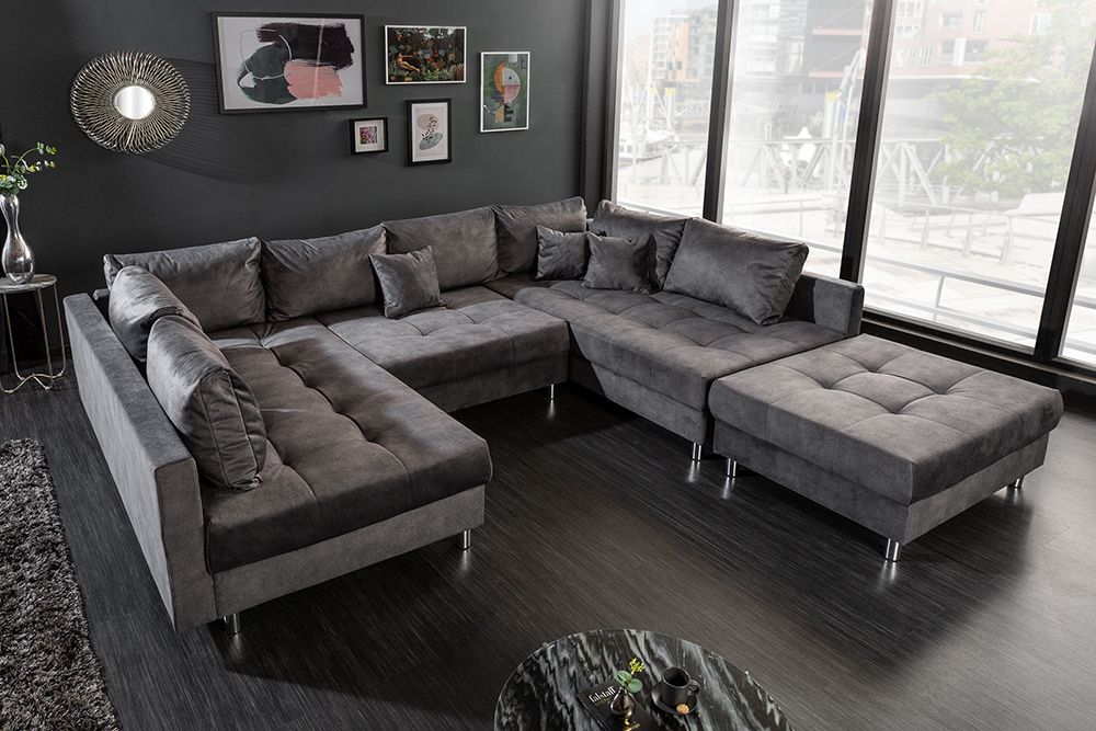 Moderne XXL Wohnlandschaft KENT 305cm grau Samt Bigsofa inkl. Hocker Federkern