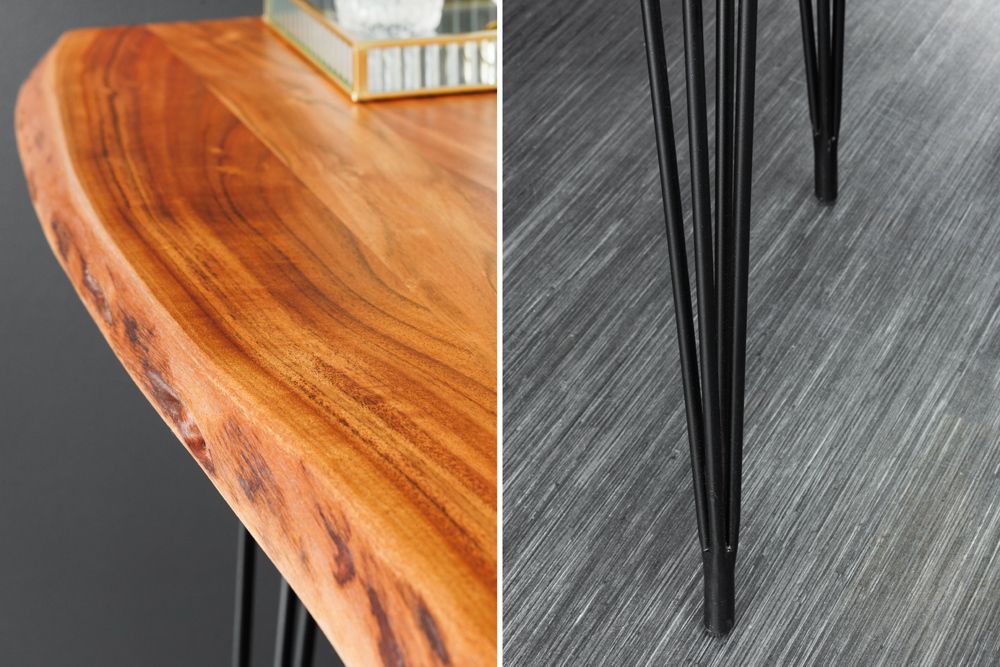 Massivholz Bartisch MAMMUT 140cm natur Akazie Baumkante Metall schwarz Hairpin Legs