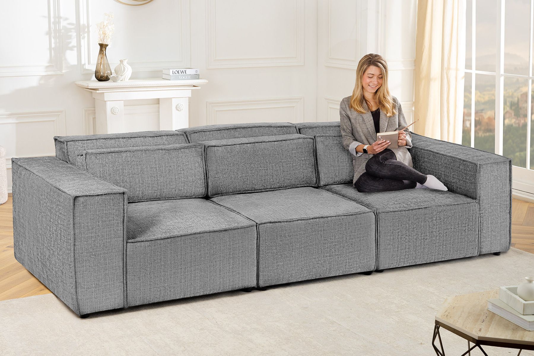 Design 3-Sitzer Sofa BOSSA NOVA 260cm grau Chenille XXL-Couch