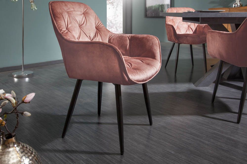 Design Stuhl MILANO rost braun Samt mit Armlehne Ziersteppung gepolstert schwarze Metallbeine