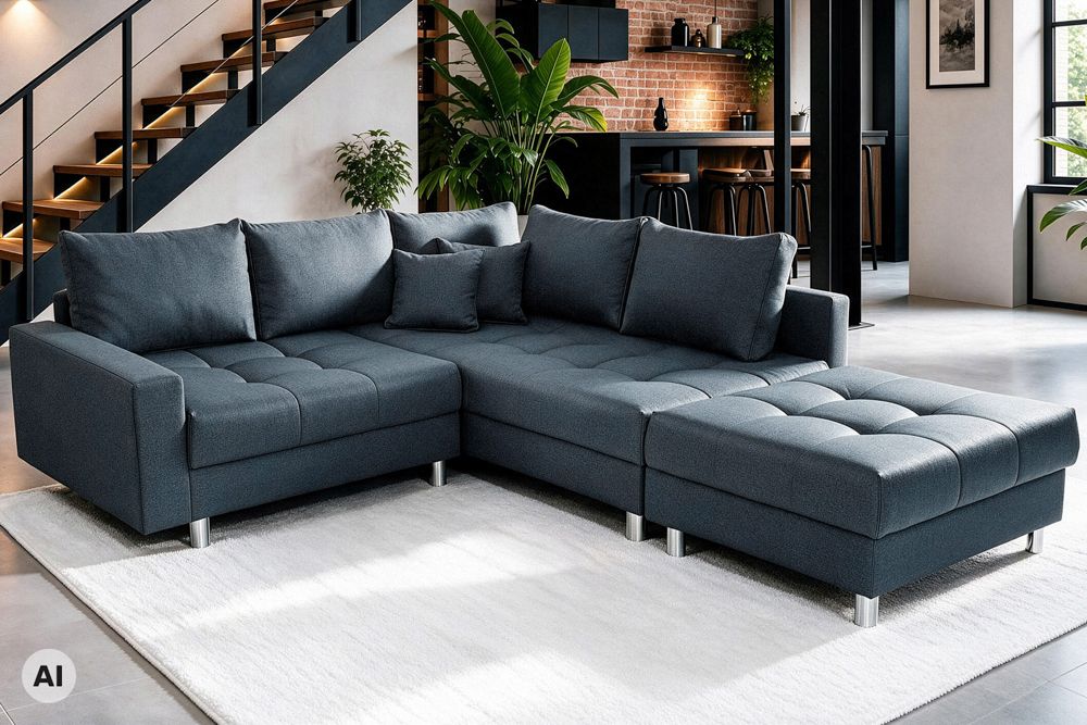 Moderne Wohnlandschaft KENT 220cm anthrazit Ecksofa Federkern inkl. Hocker und Kissen