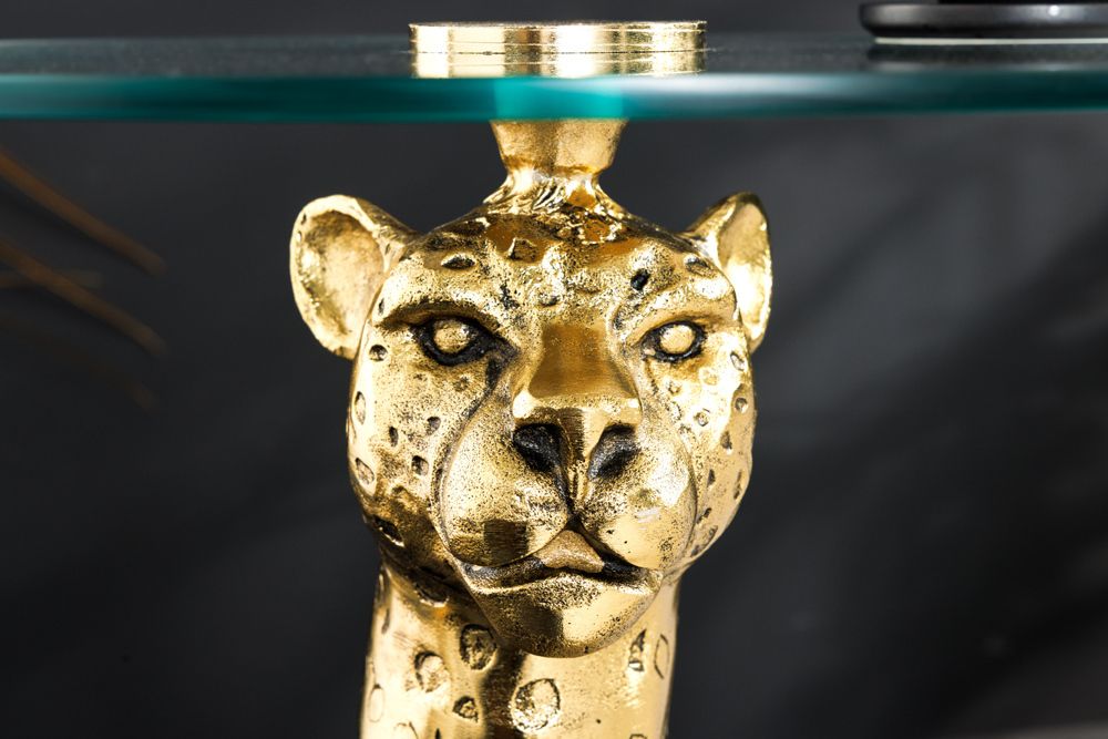 Runder Beistelltisch WILDLIFE PANTHER 60cm gold antik Metall Glas Skulptur handmade