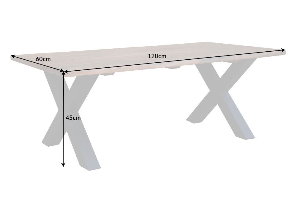 Massivholz Couchtisch MAMMUT 120cm Akazie Honey Finish X-Gestell schwarz 2,5cm Tischplatte