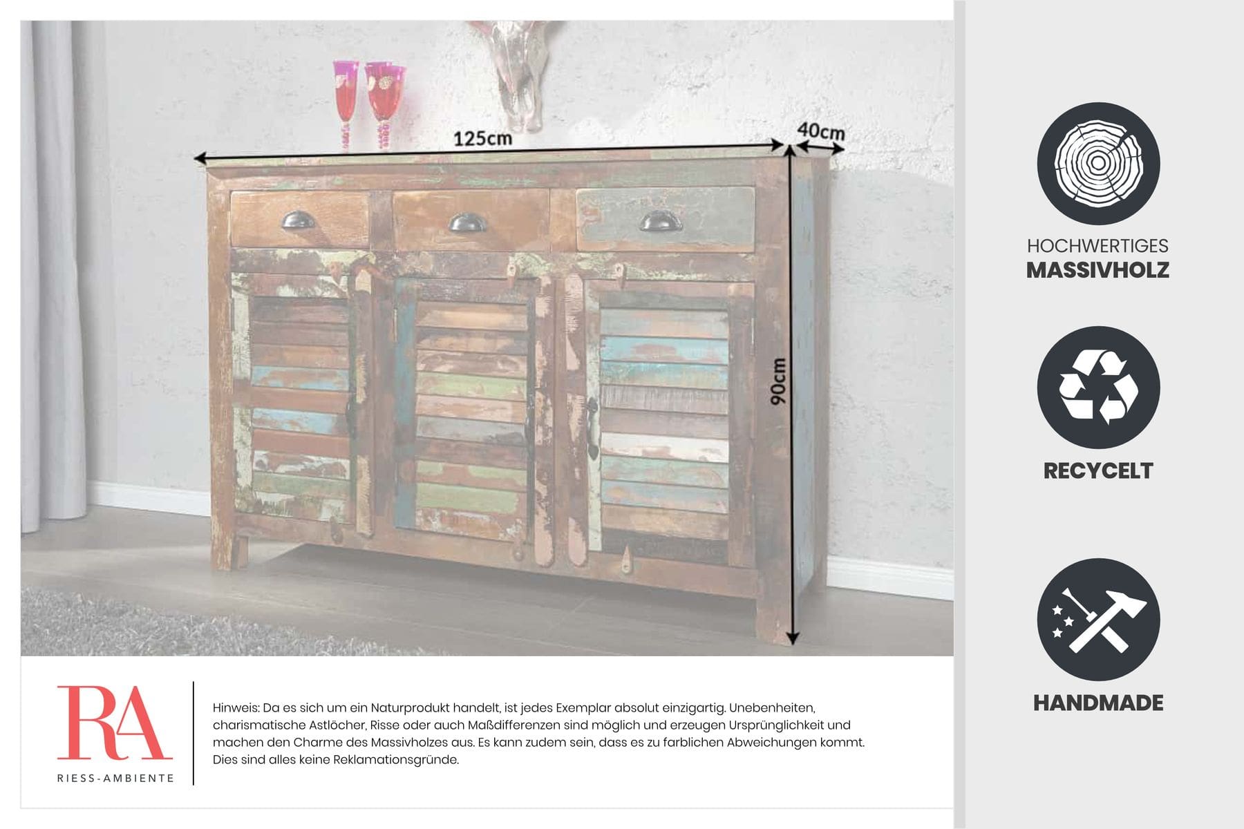 Einzigartiges Sideboard JAKARTA 125cm recyceltes Massivholz aus Fischerbooten