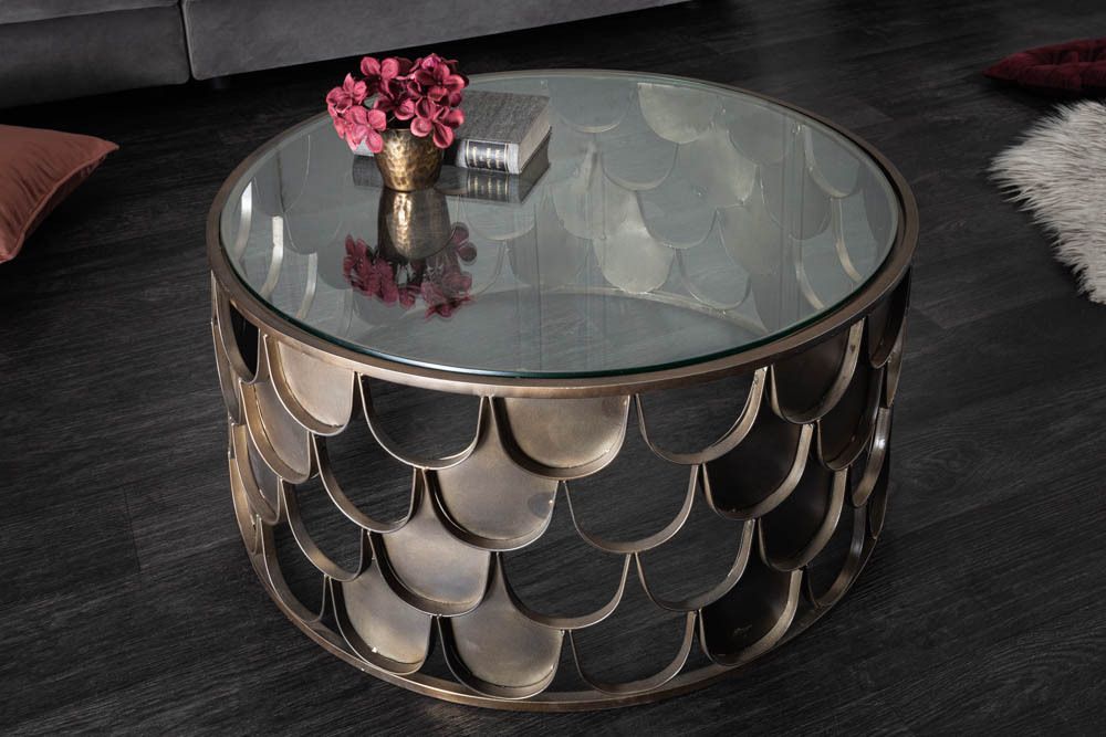Runder Couchtisch ABSTRACT 60cm antik messing Metall Glas Industrial Fischschuppen Design
