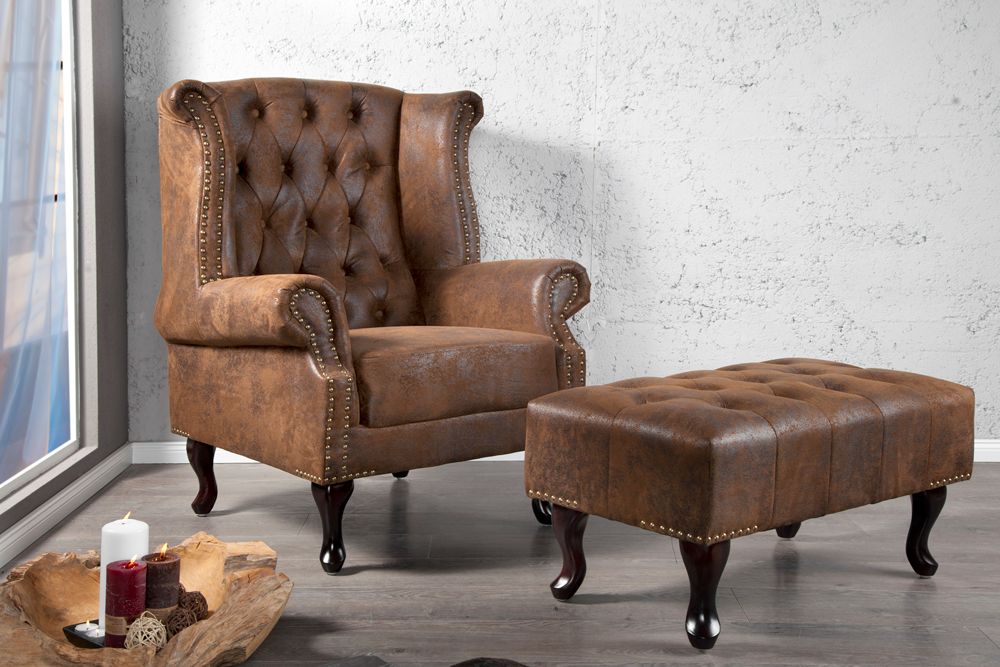 Chesterfield Sessel 85cm antik braun Microfaser mit Knopfheftung