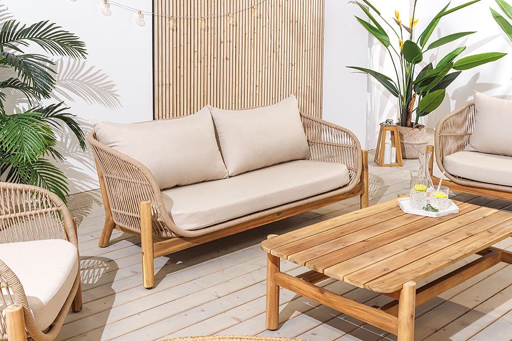 Wetterfestes Gartenlounge Set ROPE natur beige Akazienholz Aluminium inkl. Tisch Sitzpolster