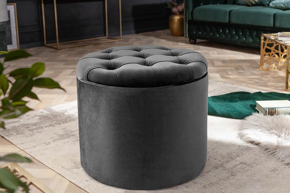 Runder Hocker MODERN BAROCK 50cm grau Samt mit Stauraum