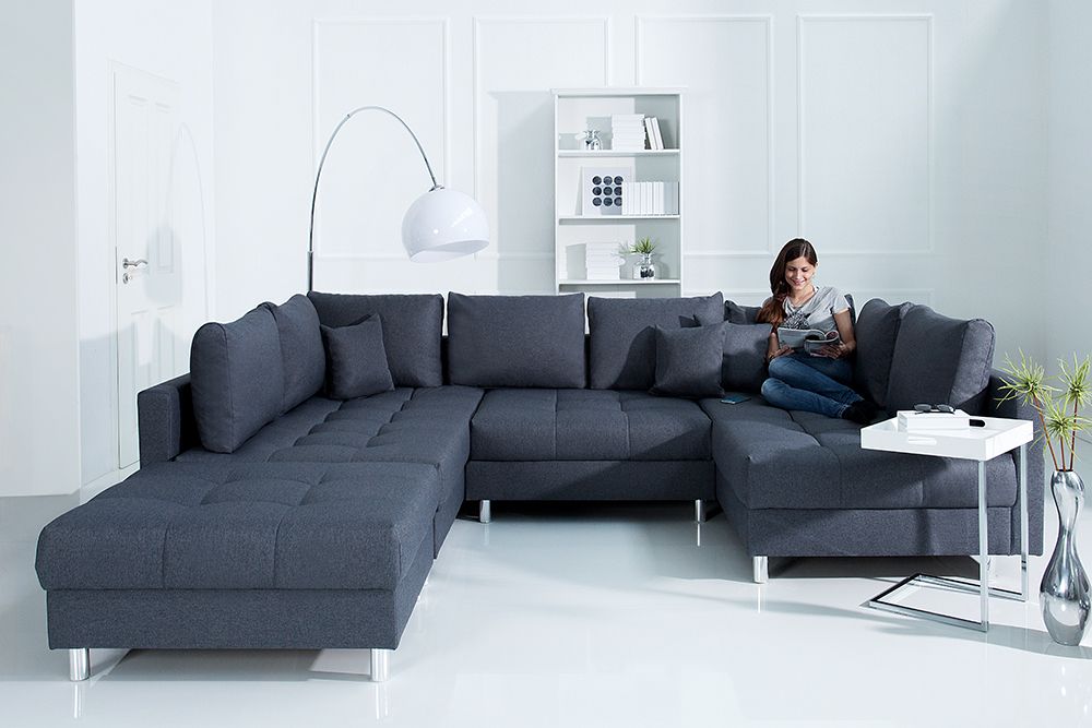 Moderne XXL Wohnlandschaft KENT 305cm anthrazit Federkern Bigsofa inkl. Hocker