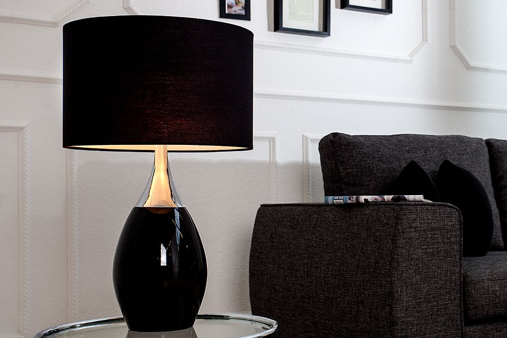 Moderne Tischlampe CARLA 60cm schwarz silber mit Leinenschirm