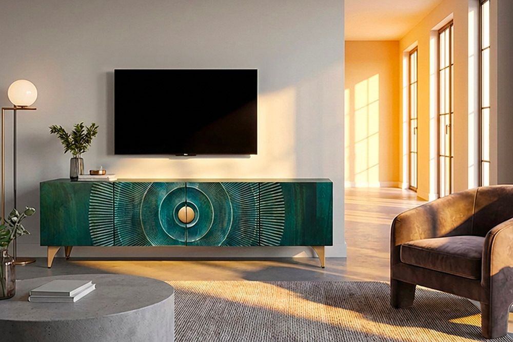 Massives TV-Lowboard GOLDEN SUNSET 180cm türkis 3D-Schnitzereien gold Mangoholz Metall