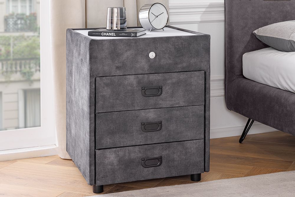 Quadratischer Nachttisch PARIS 55cm grau Samt inkl. Beleuchtung und Schubladen