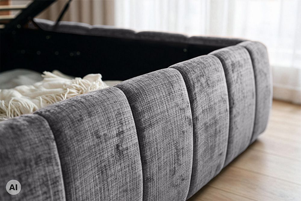 Design Boxbett ADLON 180x200cm grau Chenille mit Stauraum und Lattenrost