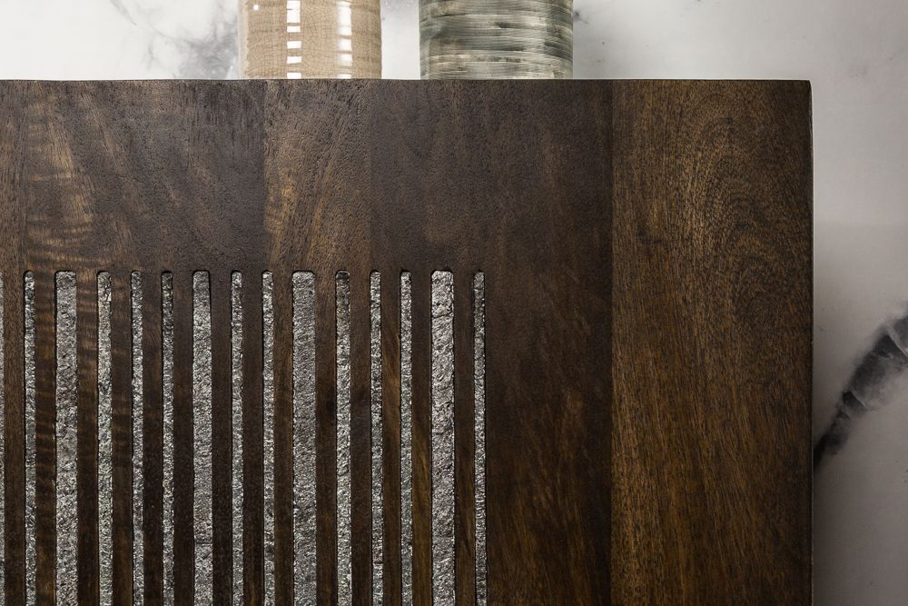 Massives Sideboard ONYX 180cm dunkelbraun Mangoholz Edelstein Achat gold Metallgestell